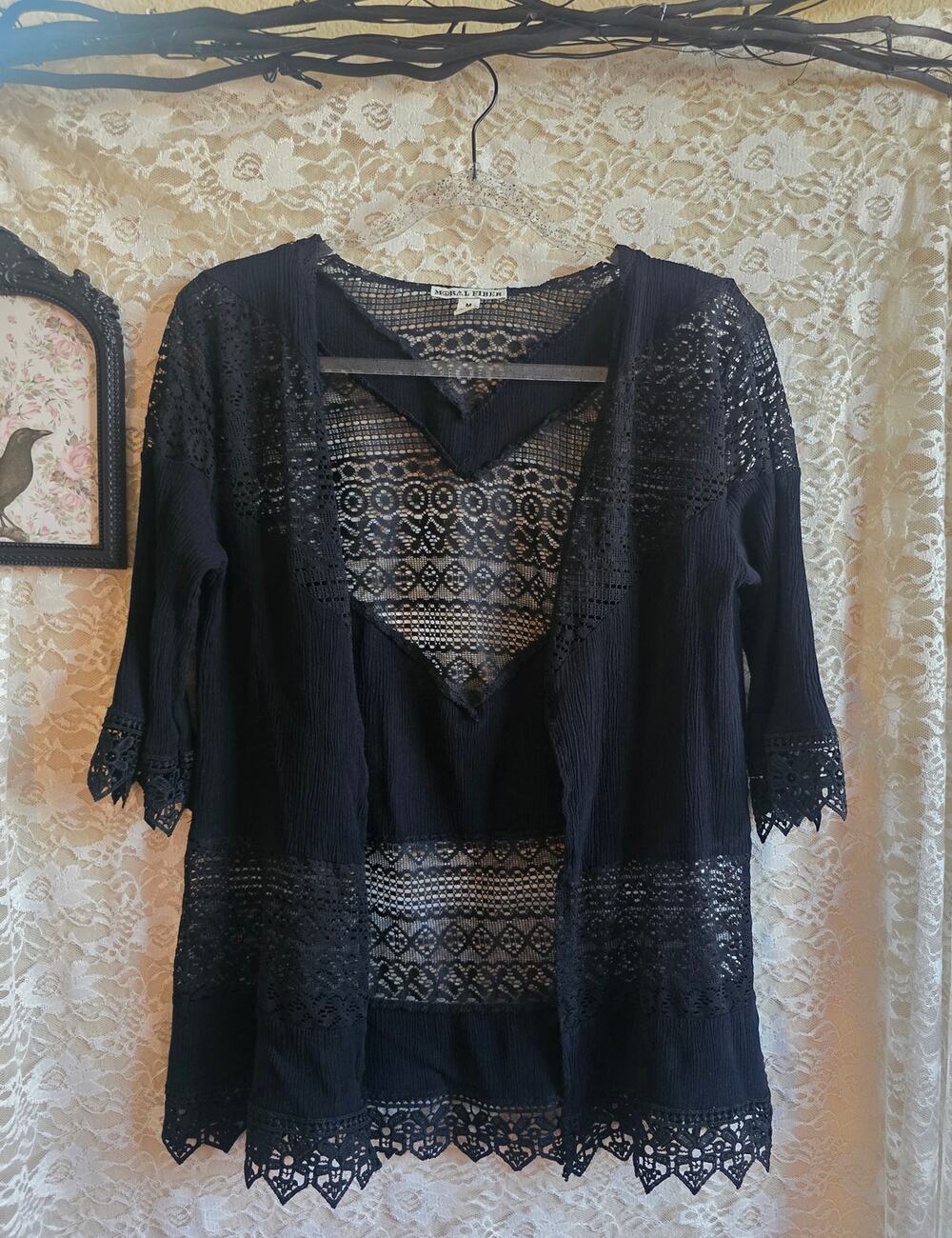 Black Lace Inset Crinkle Open Front Cardigan - Moral Fiber - whimsigoth